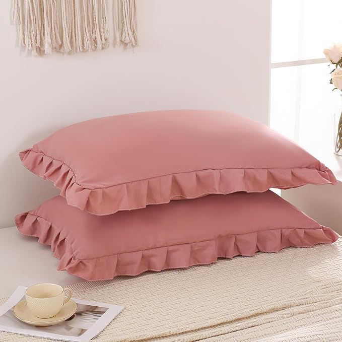 Pink Mocha Pillow Shams Cute Ruffle Queen Pillowcases Solid Pillow Cover Set of 2 Shabby Chic Soft Pink Pillowcases 2 Pack (Queen (20''x30''), Pink Mochae)