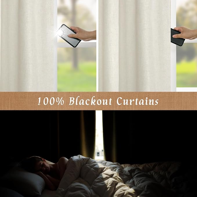 Natural 100% Blackout Linen Curtains 45 Inches for Bedroom, Ivory | Linen Textured, Thermal Kitchen Curtains, Farmhouse, Neutral Drapes, White Liner, Rod Pocket Back Tab, 2 Panels, 38 x 45 Inch