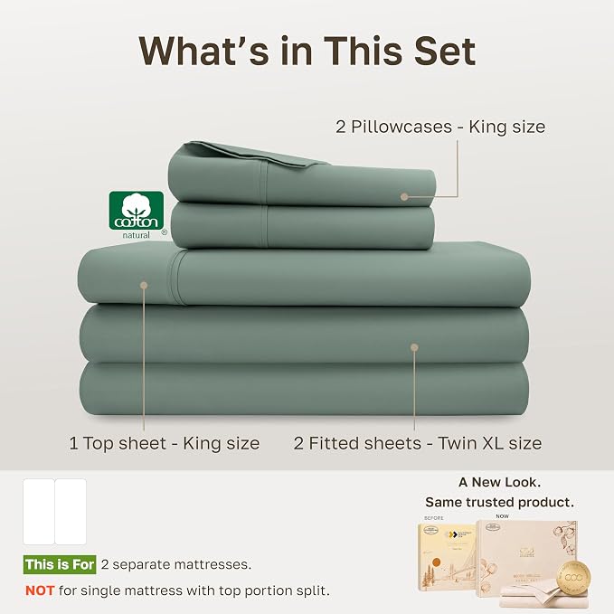 California Design Den Soft 100% Cotton Sateen Split King Sheet Set, 5 Pcs | 400 Thread Count with Good Housekeeping Seal, Split King Sheets Sets for Adj. Bed with 2 Sep. Twin-XL Mattresses -Sage Green