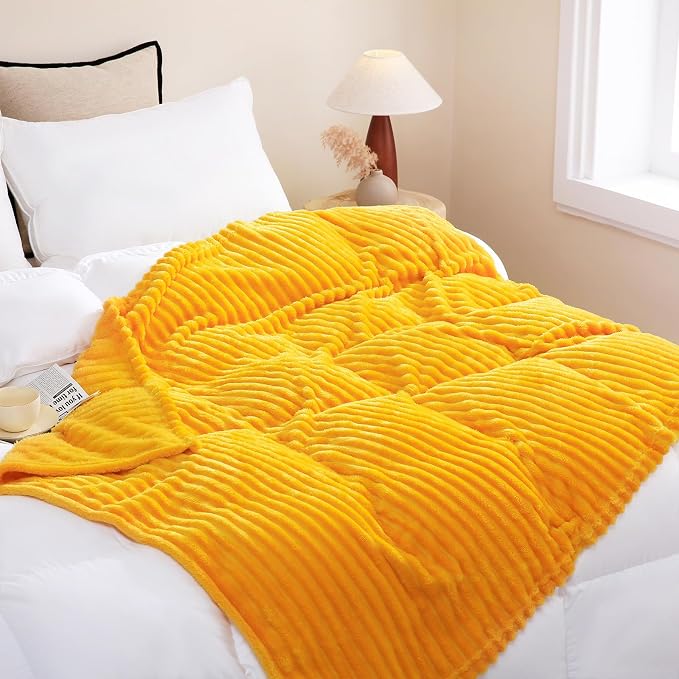 Gold Fleece Throw Blanket 50”×60” for Couch Sofa Livingroom | Super Soft Cozy Plush Microfiber Flannel Bed Blanket Striped Design Lightweight Home Decor Gifts for Adults Mom Women