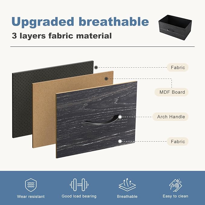 DUMOS Nightstand with 4 Drawers Bedside Table with Removable Fabric Bins Sturdy Steel Frame Wood Top Organizer Furniture for Bedroom Closet Living Room,Black Wood Grain