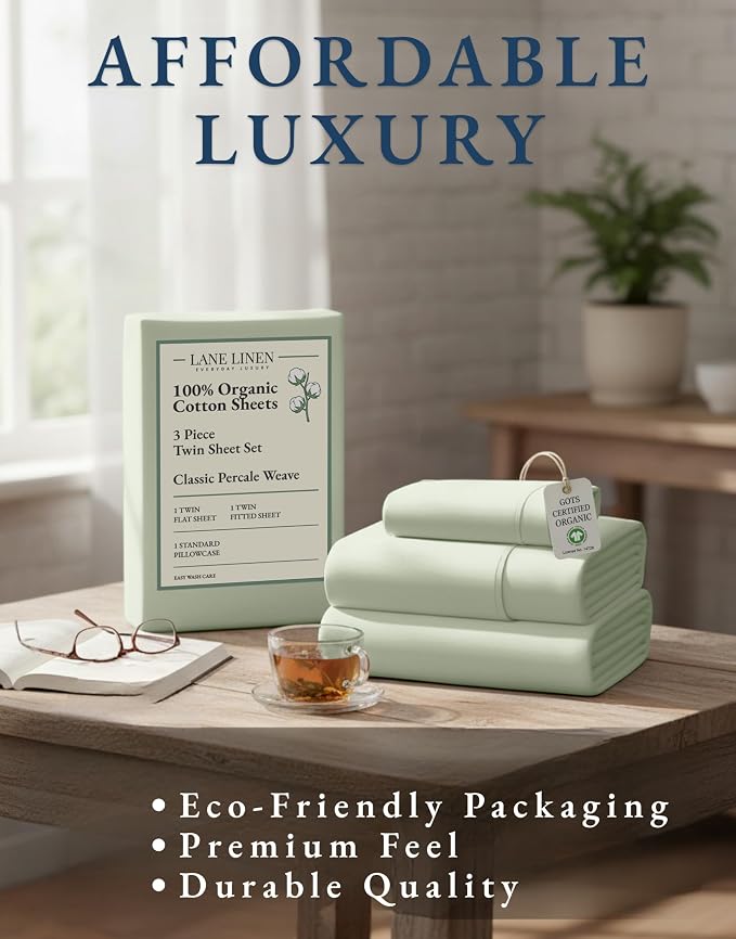 LANE LINEN 100% Organic Cotton Twin Sheets, Soft & Comfy Percale Weave Mercerized Fully Elasticized Reinforsed Seam Naturally Temperature Regulating Cotton Sheets Twin- Mineral