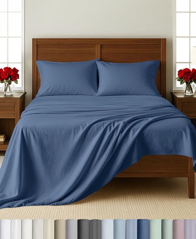 California Design Den Softest 100% Cotton Sateen Twin Size Sheets Set 3 Pcs | Soft 500 Thread Count Backed by Good Housekeeping Seal, All-Around Elastic, Easy Care, OEKO-TEX certified - Denim Blue