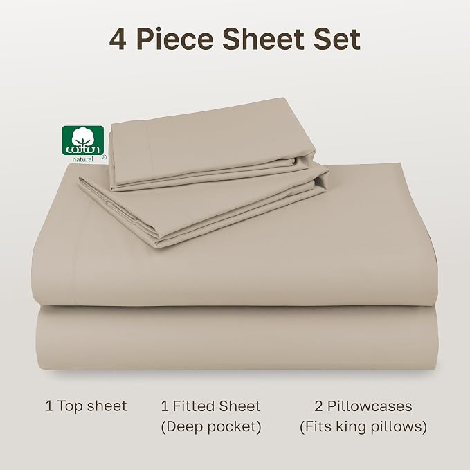 Soft Natural 100% Cotton Sateen King Size Sheets Set - Beige (Warm Taupe) | Backed by Good Housekeeping Seal, Light & Breathable For Hot Sleepers, 14" Deep Pocket, Durable, 4 Pc Set
