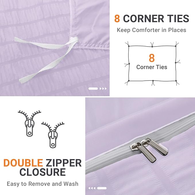 HYMOKEGE Lavender Twin Size Duvet Cover, Ultra Soft 2-Piece Seersucker Duvet Cover Set with Zipper Closure, Soft Brushed Microfiber Bedding Set with 8 Corner Ties (68"x90", 1 Pillowshams)