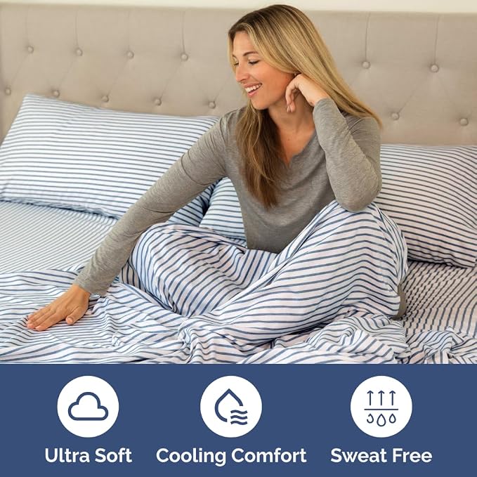 Short Queen Size 4 Piece Bed Sheet Set - RV Short Queen - Blue Stripes | Ultra-Soft, Breathable & Cooling Bed Sheets Set with Deep Pockets, Hotel Luxury Bedding for Women & Men, Wrinkle & Fade Free