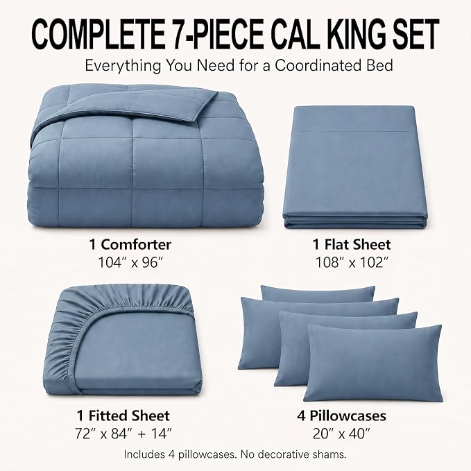 California King Comforter Set Dusty Blue - 7 Pieces Bed in a Bag | OEKO-TEX Certified, All-Season, Bedroom, Guest Room, Down-Alternative Comforter + Flat & Fitted Sheets + 4 Pillowcases
