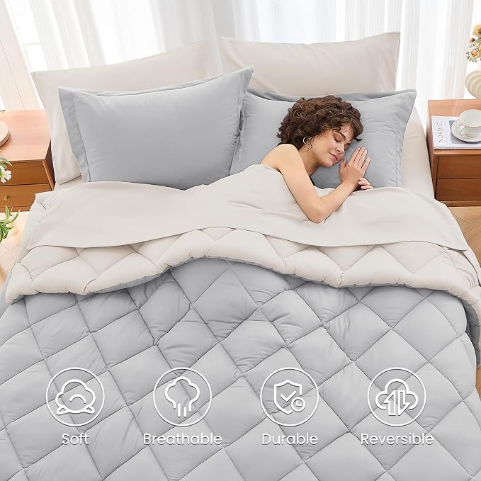7 Pieces Oversized Queen Comforter Set, Reversible Bed in a Bag Oversized Queen Size, All Season Bedding Set with Comforter, Flat Sheet, Fitted Sheet, Pillowcases & Shams, Light Grey & Beige