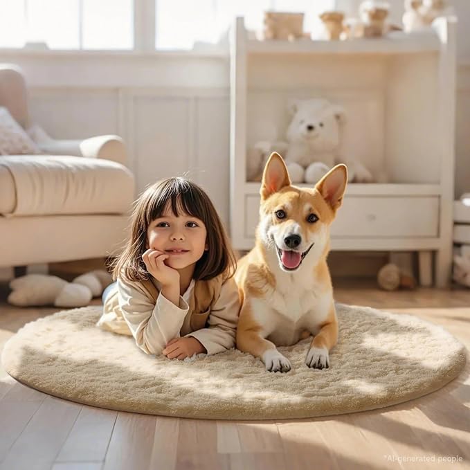 Ophanie Round Rug 4Ft Beige Circle Area Rug, Fluffy Fuzzy Small Bedroom Carpet, Plush Soft Shaggy Floor Living Room Circular Decor for Kids Boys Girls Home Aesthetic, Nursery with 99 pcs Pile fibers