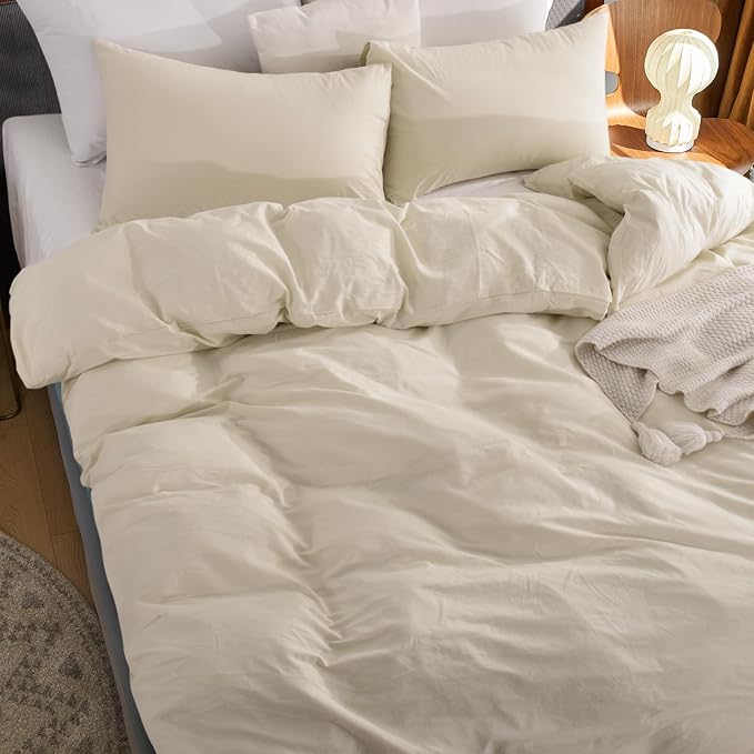 NEXHOME PRO Duvet Cover Set 100% Washed Cotton Full Size Linen Feel Textured Organic Natural 3 Pieces Bedding Set with Zipper Closure and Corner Ties, Breathable(Cream Grey, No Comforter)