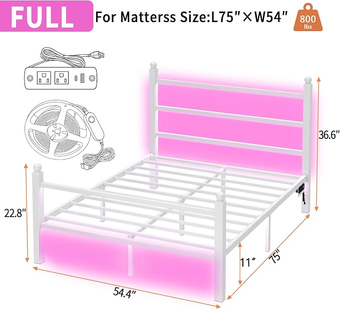 CLIBFENG Full Size Bed Frame with Headboard and Footboard,Steel Slats Support-LED Bed Frame with USB Charging Station,Mattress Foundation-Under Bed Storage,No Box Spring Needed,Noise Free,White