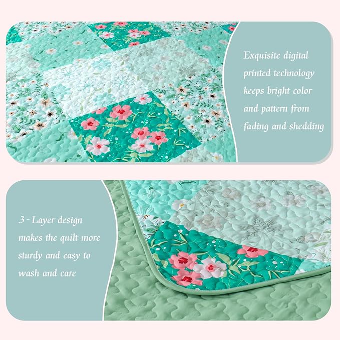 Whale Flotilla California King Size Quilt Set, Extra Soft Floral Bedspreads | Green Reversible Lightweight Oversized King Quilt Bedding Set for Bed, Printed Coverlets with 2 Pillow Shams for All Seasons