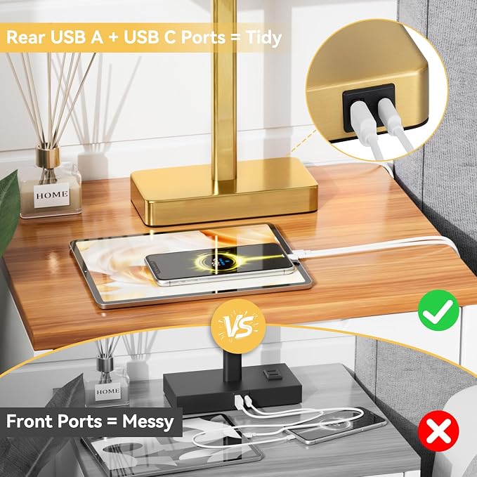 Hong-in Touch Lamps for Bedroom, Bedside Table Lamps Set 2, D. White&Gold | Modern Table Lamp for Nightstands, Desk Lamp for Bedroom, with USB C+A, End Tables Bed Side, Bulb Included, 3 Way Dimmable