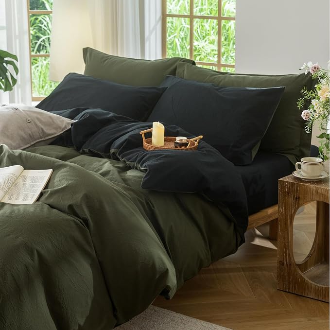 BDEAR 3Pcs Duvet Cover Set Queen Size 90" Wx90 L,Olive Green and Black | 100% Washed Cotton, 1 Duvet Cover with 2 Pillowcases, Zipper Closure, OEKO TEX Standard,8 Corner Ties,Linen-Liked Texture