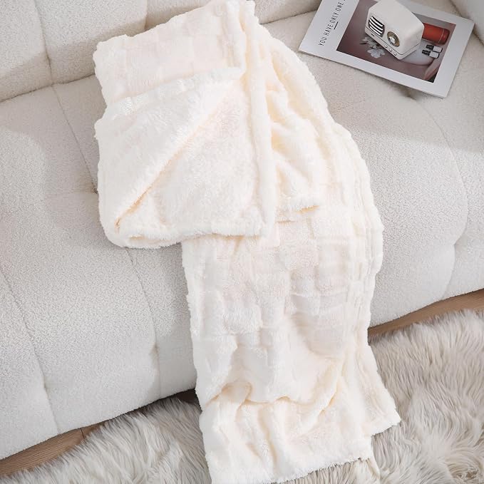 Cream White Fleece Throw Blanket 60”×80”Checkered Design for Couch | Super Soft Cozy Plush Microfiber 3D Square Pattern Flannel Blanket for Sofa Bed Lightweight for Adults,Women