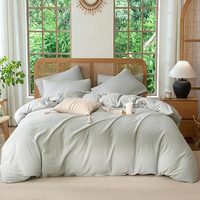 Queen Size Comforter Set Polka Dot Luxury Washed Microfiber Jacquard 3 Pieces Bedding, Sage Green Polka Dot Vertical Ticking Stripes Pattern Comforter with 2 Pillowcases Soft Breathable Durable Comfy