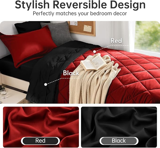 5 Pieces Twin XL Comforter Set, Reversible Bed in a Bag Twin XL Size, All Season Bedding Set with Comforter, Flat Sheet, Fitted Sheet, Pillowcases & Shams, Red & Black