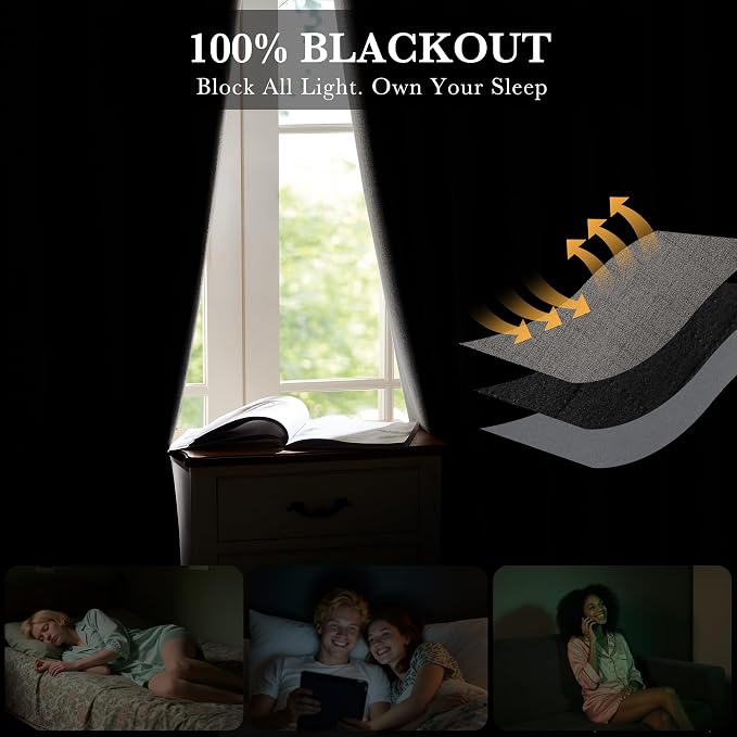 RYB HOME Grey 100% Blackout Short Curtains 45 Inch Long for Cafe Kitchen | Thermal Insulated, Light Blocking, for Kitchen Bathroom RV Basement Garage Cabinet, Small Window, Grey, W52 x L45, 2 Panels