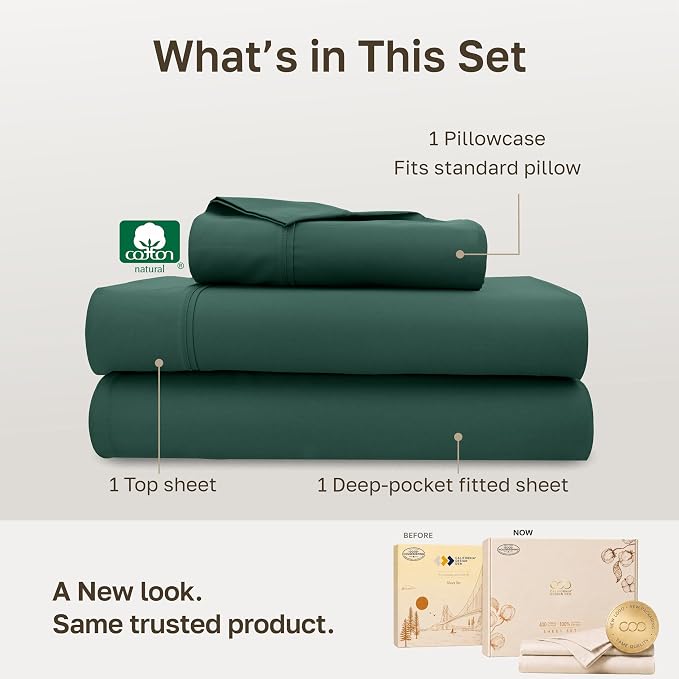 California Design Den 100% Cotton Sateen Twin Size Sheet Set, 3 Pc Set | 400 Thread Count Backed by Good Housekeeping Seal, All-Around Elastic, Durable, Easy Care, OEKO-TEX certified - Hunter Green