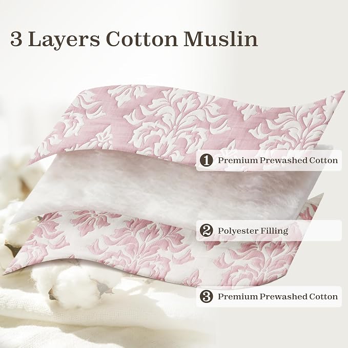 Exclusivo Mezcla Cotton Quilts Queen Size Pink | Soft Lightweight Bedspread, Breathable Prewashed Yarn Dyed Muslin, All Season Bedding Set, Boho Coverlet With 2 Pillow Shams