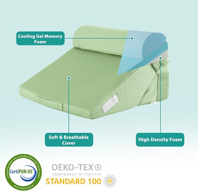 3Pcs Orthopedic Bed Wedge Pillow Set, Foam Wedge Pillow Post Surgery for Back, Leg and Knee Support, Adjustable 9&12 Inch Folding Triangle Pillow for Sleeping, Acid Reflux, Snoring, Green