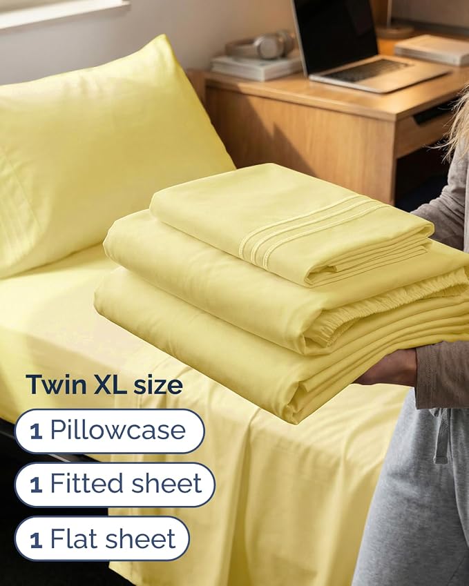 Twin XL 3 Piece Sheet Set - College Dorm Room Essentials - Yellow | Deep Pocket Bed Sheets for Women, Men, Teens & Students, Soft, Cooling, Breathable & Wrinkle Free, Oeko-Tex Bed Sheet Set