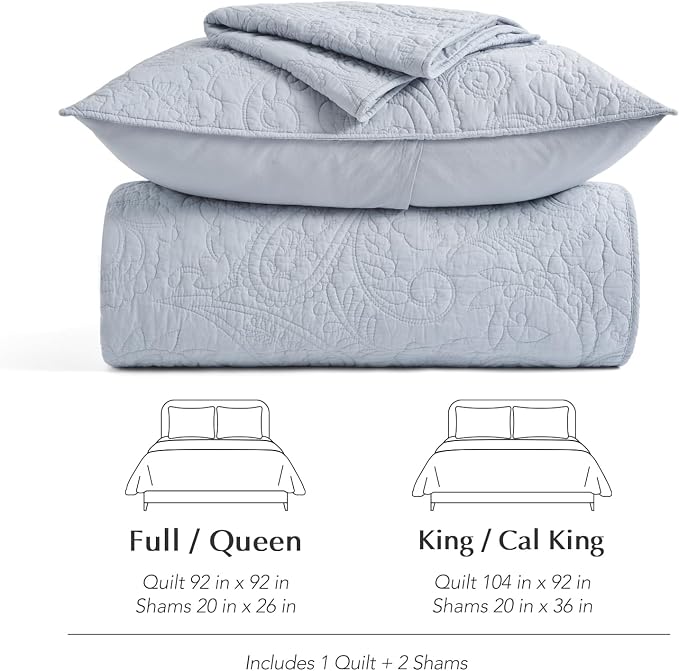 EVERGRACEHOME 100% Cotton Paisley Quilt Set, Queen Size, Pearl Blue | Prewashed for Softness, Year-Round Breathability, Gift-Ready Box, Matelasse-style Quilted Coverlet, 3 Piece Set with 2 Shams