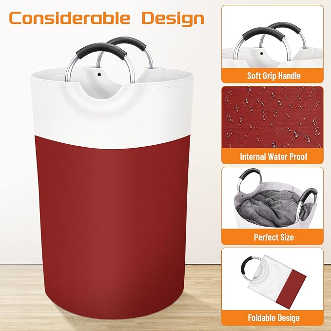 BlissTotes Laundry Basket, Laundry Hamper, Collapsible Laundry Baskets, Dirty Clothes Hamper, Waterproof Laundry Basket with Foam Protected Aluminum Handles for College Dorm, Family 75L (Red) | Collapsible Dirty Clothes Hamper, Foldable Laundry Bag for...