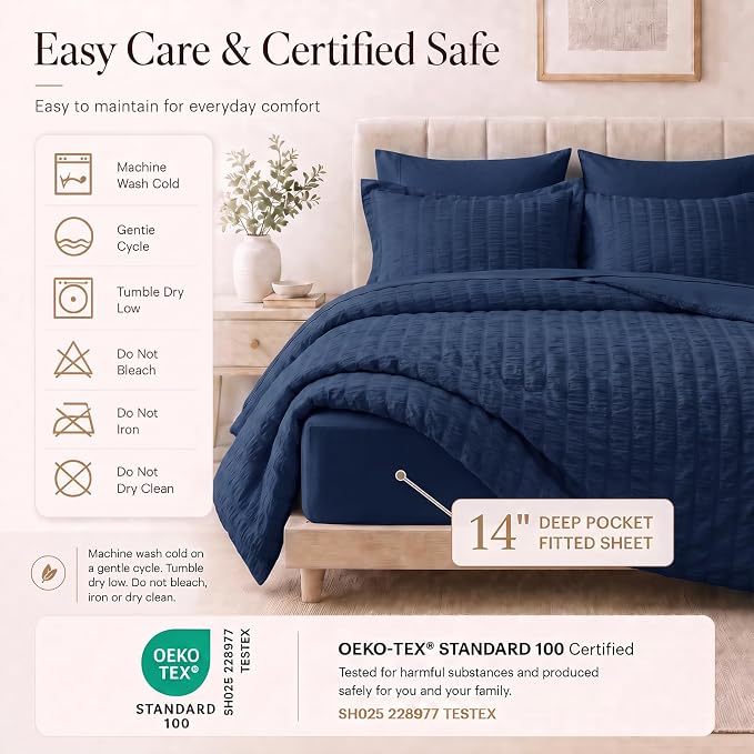 Twin Comforter Set, 5 Pieces Navy Blue Seersucker Bed in a Bag | OEKO-TEX Certified, All Season Bedding Sets with 240 GSM Down Alternative Comforter, Flat & Fitted Sheets, Pillowcase & Sham