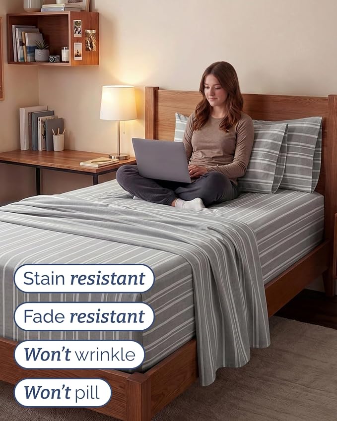 Extra Deep Twin XL Sheet Set - 4 Piece College Dorm Room - Grey Stripes 3 | College Dorm Room Essentials, Easy & Secure Fit, Ultra-Soft, Wrinkle & Fade Free, Comfy Sheets Set with Extra Deep Pockets