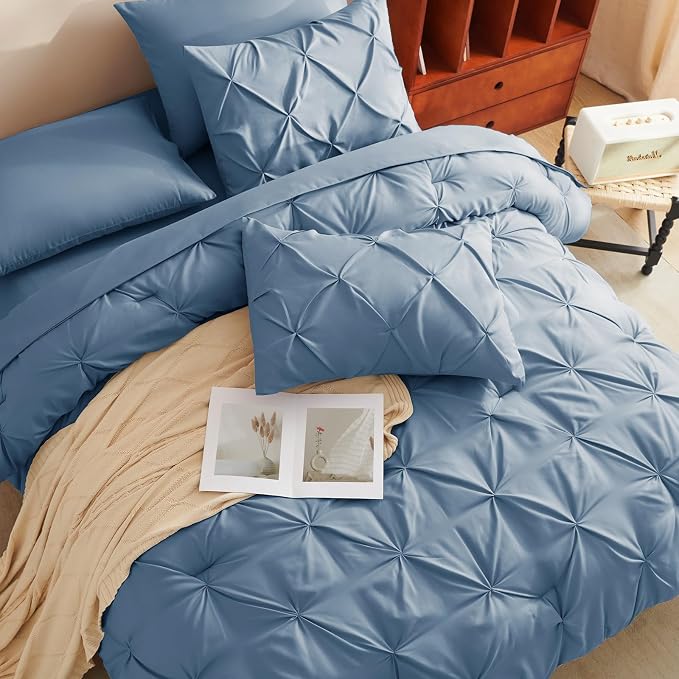 HIMEET King Size Comforter Set Grayish Blue - 7 Pieces Pintuck Bed in a Bag | OEKO-TEX Certified, 240GSM Down Alternative Comforter, 14" Deep Pocket Fitted Sheet + Flat Sheet + 2 Pillowcases + 2 Shams