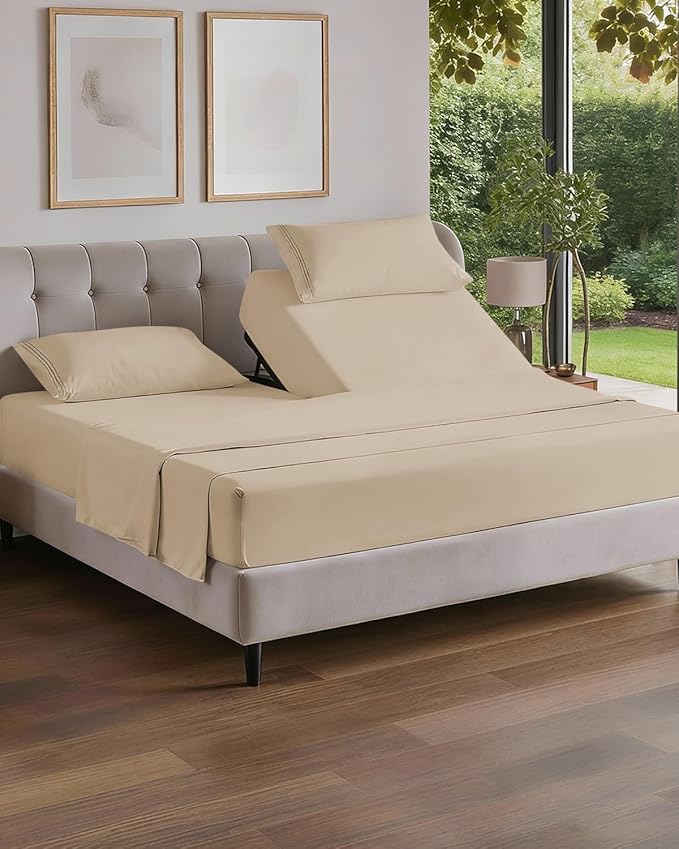 Flex Top Split Head King 4 Piece Sheet Set - Ultra-Soft, Breathable - Cream | Cooling Bed Sheets Set, Hotel Luxury Bedding for Women & Men with Deep Pockets, Wrinkle Free & Fade Resistant, Oeko-Tex