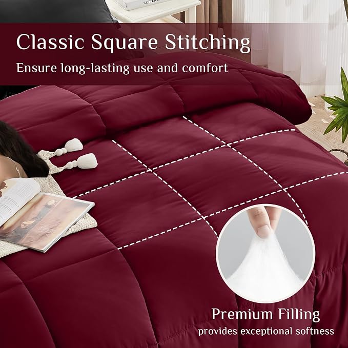 JOLLYVOGUE Full Comforter Set, Ultra-Soft Bed in a Bag Full Size 7 Pieces, Oeko-TEX Certified Bedding Set with Down Alternative Comforter, Sheets, Pillowcases & Shams, Burgundy & Black