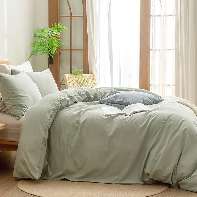 BESTOUCH Cotton Solid Duvet Cover Set Linen Feel Sage Green Queen | 100% Washed Cotton, Soft Wrinkle Texture, Hidden Zipper, 8 Ties, Breathable Lightweight Durable Comfy, 3 Pcs No Insert