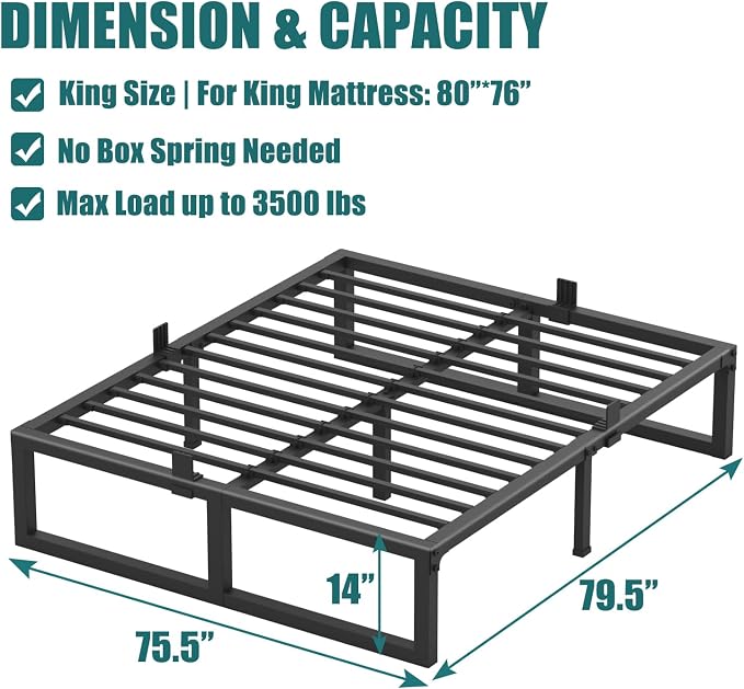 Yitong Angel King Bed Frame, 14 Inch High 3500 lbs Metal Platform, Mattress Foundation with Steel Slat Support/No Box Spring Needed/Noise Free/Non-Slip/Easy Assembly