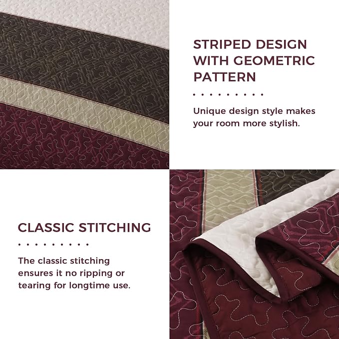 Cottolester King Size Quilt Set,Burgundy Striped Plaid Bedsperad Coverlet | Modern Boho Style,Striped Plaid Design,Ultra Soft Lightweight Microfiber Quilted Bedding Sets for All Seasons 110"x90"