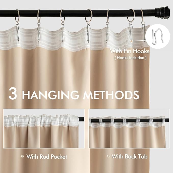 MIULEE Beige Back Tab Blackout Curtains 52x102 Inch Long 2 Panels Set | Rod Pocket Pinch Pleated, Thermal Insulated, Bedroom Living Room Darkening Drapes, Light Blocking Floor to Ceiling Curtains