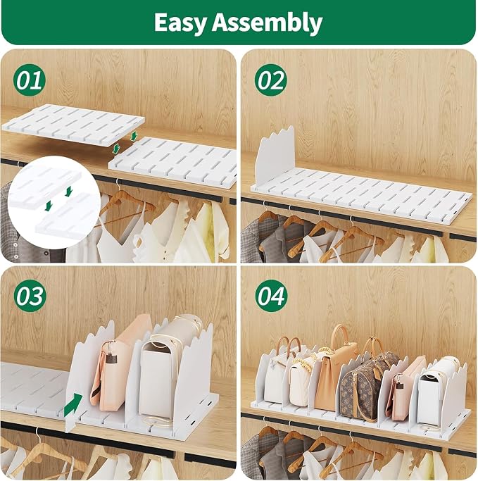 SPACEKEEPER Shelf Divider for Closet,2 Pcs Adjustable Purse Organizer,White | Closet Acrylic Handbag Separators Storage Organizer Bookshelf Separator Dividers in Bedroom,Bathroom,Kitchen,Office