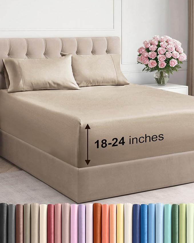 Extra Deep Queen Sheet Set - 4 Piece Breathable, Cooling Bed Sheets - Cream | Easily Fits 18 to 24 inch Mattress - Ultra Soft, Wrinkle & Fade Free with Extra Deep Pockets - Comfy Hotel Luxury Bedding