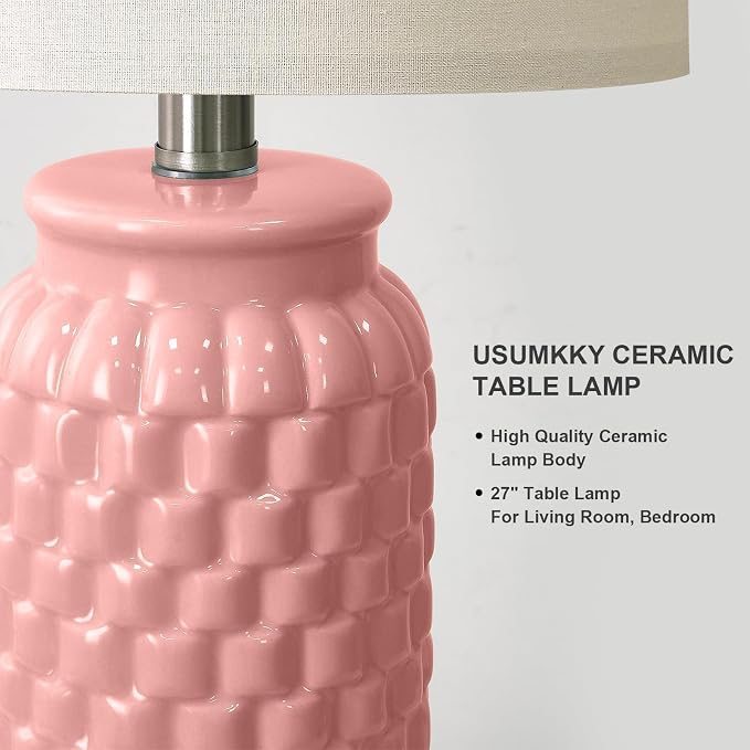 USumkky 27" Ceramic Table Lamps Set of 2 - Modern Farmhouse & Boho Style, Bedside Nightstand Lamps for Bedroom, Living Room End Table Lamps, Small Desk Lamp(Pink)