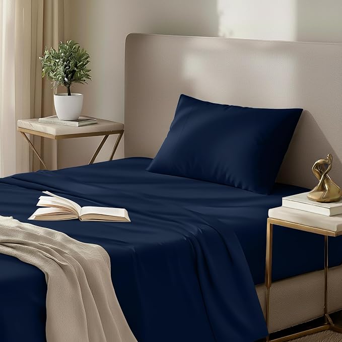 Twin Sheets Set, 3 Pieces 16" Deep Pocket Hotel Luxury Bed Sheets, Navy | Extra Soft Bedsheet Set, Comfy & Breathable Cooling Sheets, Wrinkle & Fade Resistant, Fitted Sheet, Flat Sheet, 1 Pillowcase