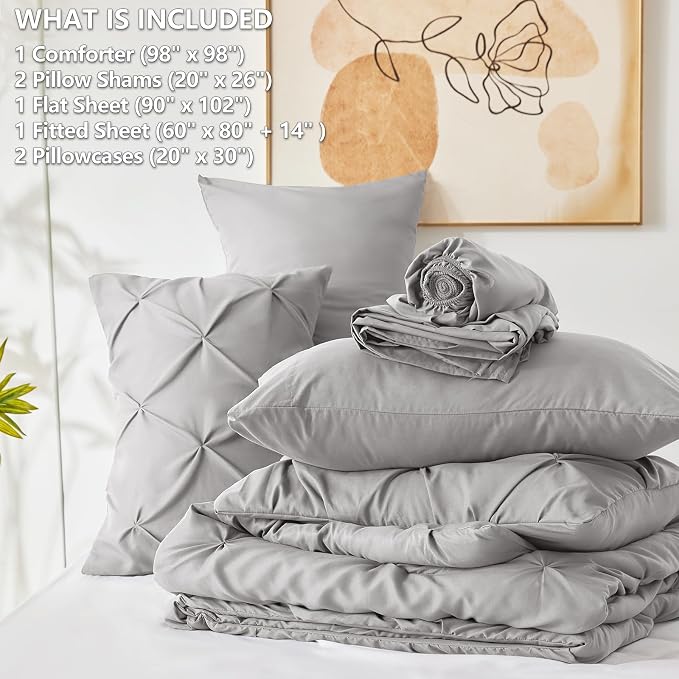 Oversized Queen Comforter Set French Grey, 7 Pieces Bed in a Bag | OEKO-TEX 100 Certified, 240GSM All Season, Bedroom, Guest Room, Down-Alternative Comforter, Sheets, Pillowcases & Shams