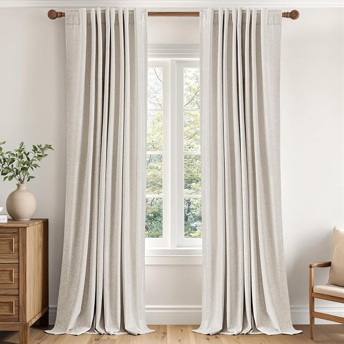 MIULEE 100% Blackout Linen Curtains for Bedroom 40W x 90L Cream 2 Panels | 90 inches Long, Thermal Insulated, Room Darkening, Black Out Drapes for Living Room, Back Tab Rod Pocket