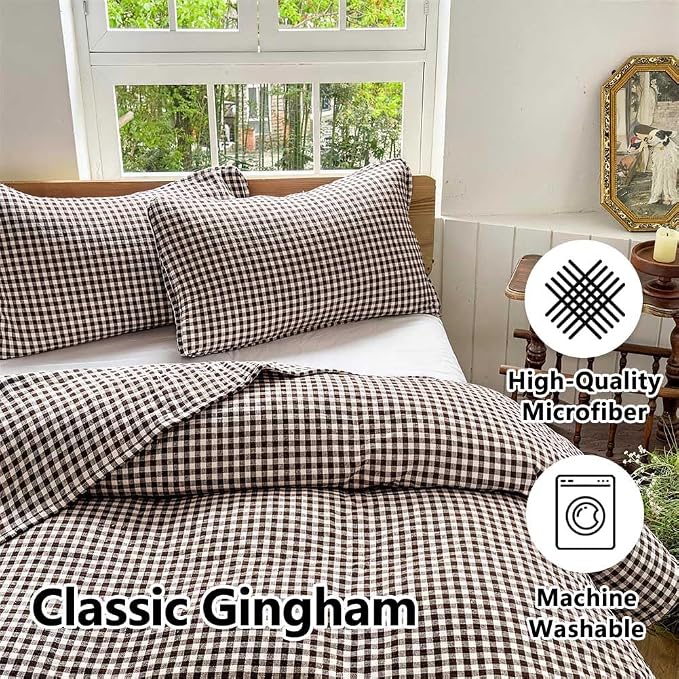 NSNLGSGC Mocha Gingham Queen Summer Bedspread Quilt Set | Pre-washed Microfiber,Lightweight Checked Grid Bedding Coverlets for All Seasons