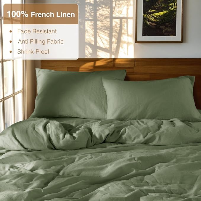 SONORO KATE 100% French Linen Queen Duvet Cover Set,Zipper Closure,3PC | Natural French Flax,Soft Breathable for Hot Sleepers,Moisture Wicking & Durable,4 Corner Ties,Olive Green