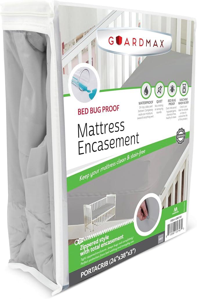 Guardmax Portacrib Mattress Protector Zippered, Bed Bug Mattress Cover | Waterproof, Dust Mite Proof, 6-Sided, Soft Jersey Knit, Machine Washable, Portacrib - 24 x 38, up to 4" Deep