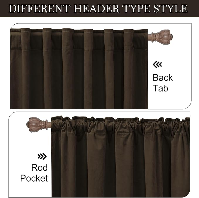 RYB HOME Brown Velvet Blackout Curtains for Bedroom 63 inches Length | Thermal Insulated, Privacy UV Heat Blocking, Luxurious Soft Fabric, Back Tab, Drapes for Nursery Office, W42 x L63, 2 Panels
