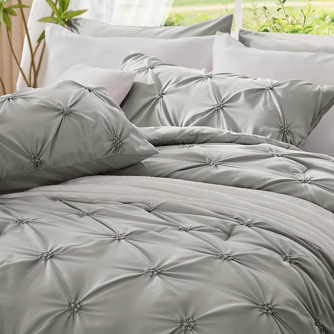 BEDELITE Queen Comforter Set Grey,Lightweight & Soft Comforter | Pintuck Boho Bedding, Warm & Cute Bed Set for All Season,With 2 Pillowcases