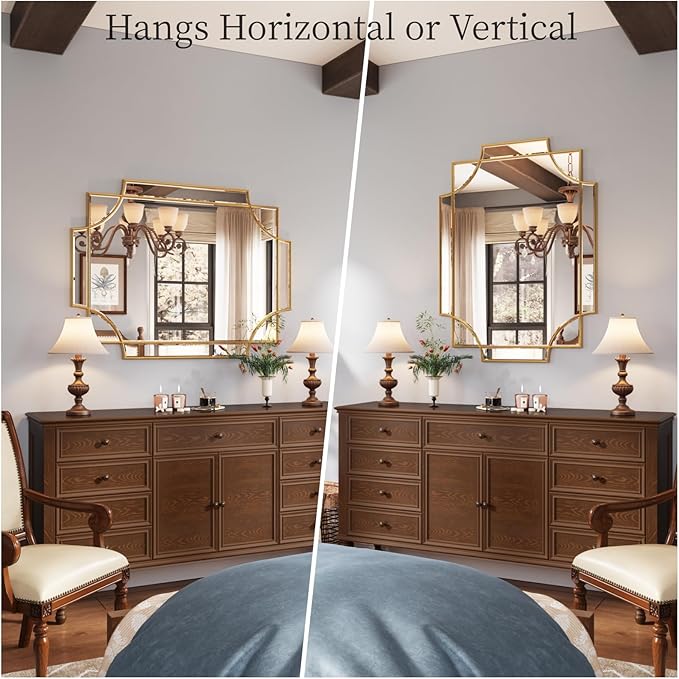 Kelly Miller 24"x36" Gold Foil Scalloped Edge Decorative Vanity Wall Mirror | Hand-Applied Gold Foil Finish. HD Mirror With French Cleat. Elegant Beveled Wall Mirror Decor For Bathroom Bedroom Entryway.