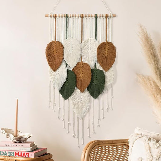 Macrame Wall Hanging Leaves Woven Tapestry Boho Chic Modern Home Decoration | KHOYIME Bohemian Handmade Leaf Feather Wall Art Decor for Apartment Dorm Living Room Bedroom Nursery Backdrop 16.5"W x 29.5"L